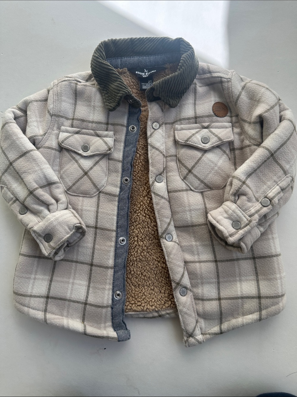 Eddie Bauer Kids Plaid Sherpa-Lined Shacket - Cream/Gray